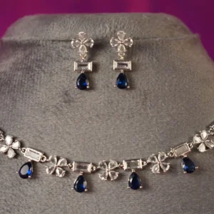 Floral Teardrop Minimal AD Necklace Set - Blue Color Stone