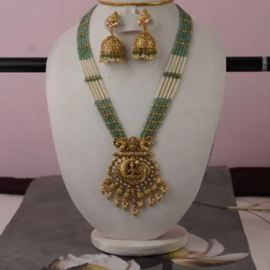 Lakshmi Peacock Green Beads Long Haram Jewellery Set